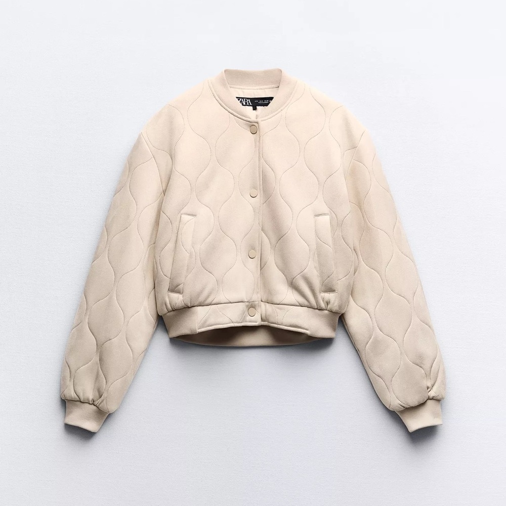 Zara Beige Quilted Bomber Jacket